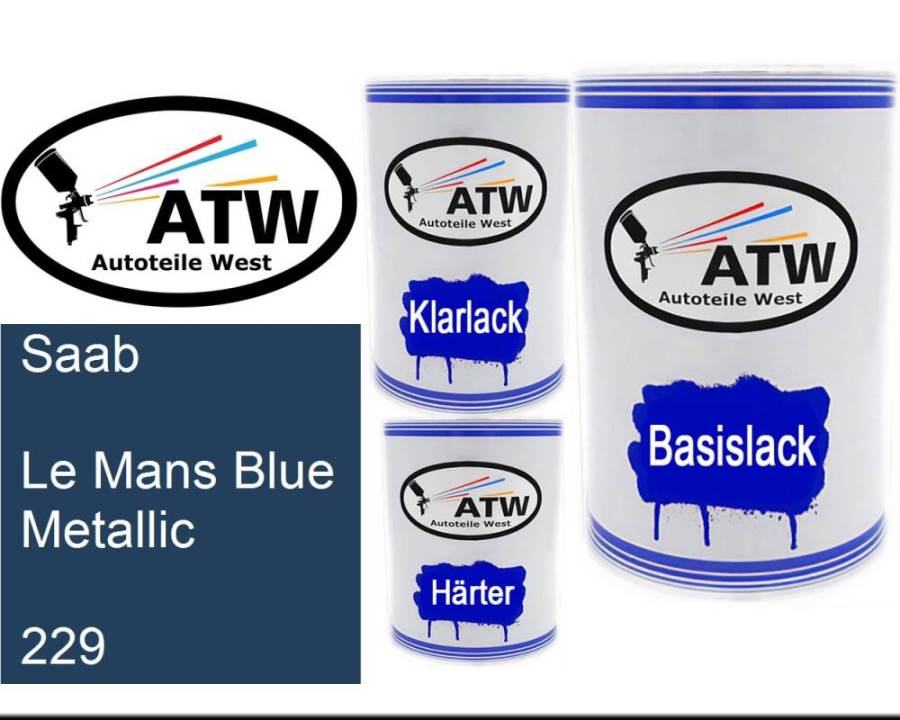 Saab, Le Mans Blue Metallic, 229: 500ml Lackdose + 500ml Klarlack + 250ml Härter - Set, von ATW Autoteile West.